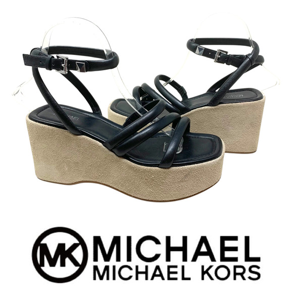 NEW Michael Kors Hazel Black Tubular Leather Platform Strappy Sandals Sz 7 NWOB - Picture 1 of 10